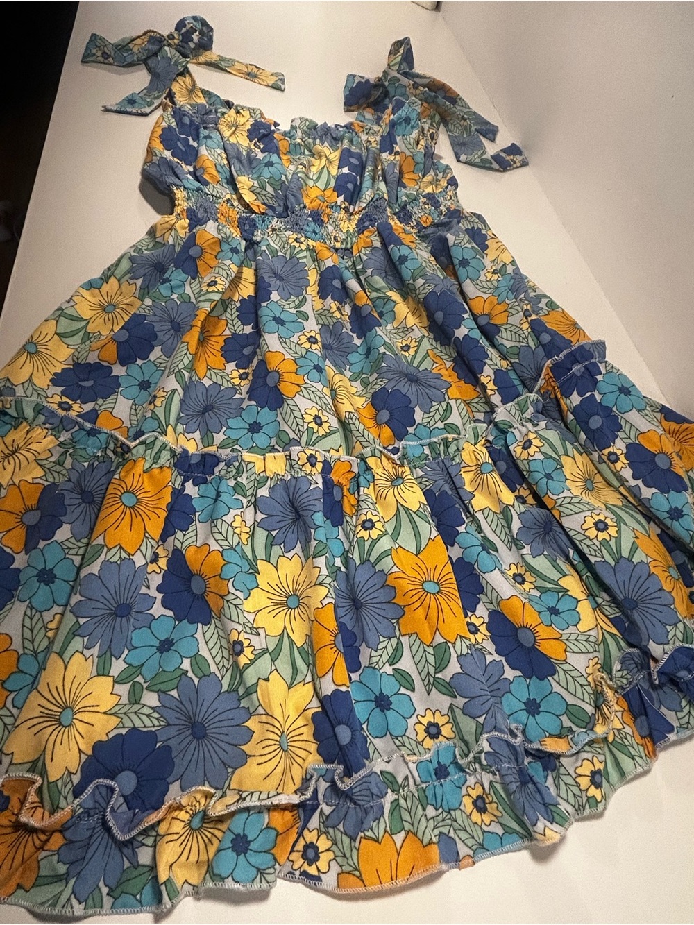 NWT Umgee Floral Mini Dress S Blue Yellow Tie Shoulder Smocked Cottagecore